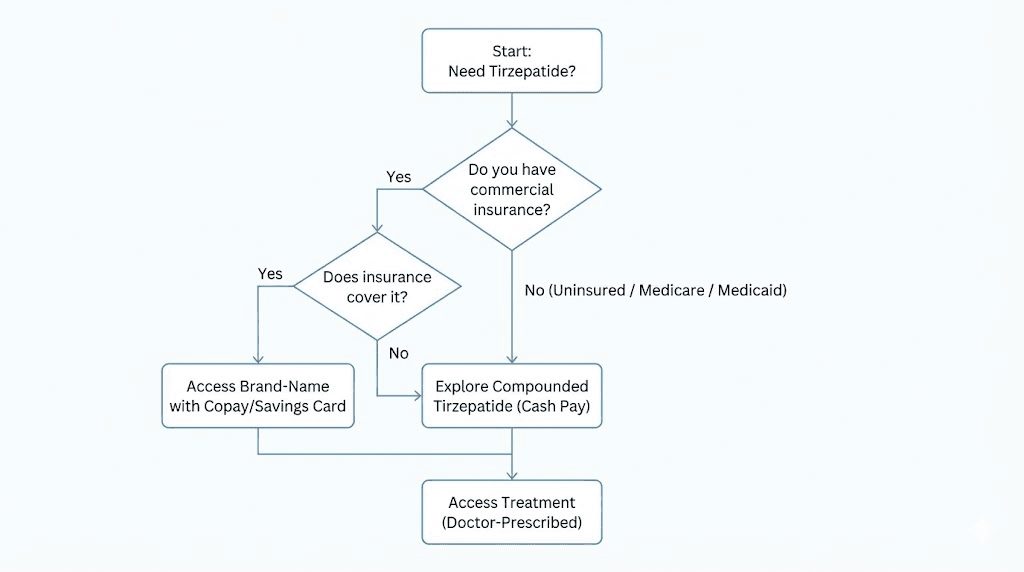 Tirzepatide access pathways flowchart insurance versus self-pay options