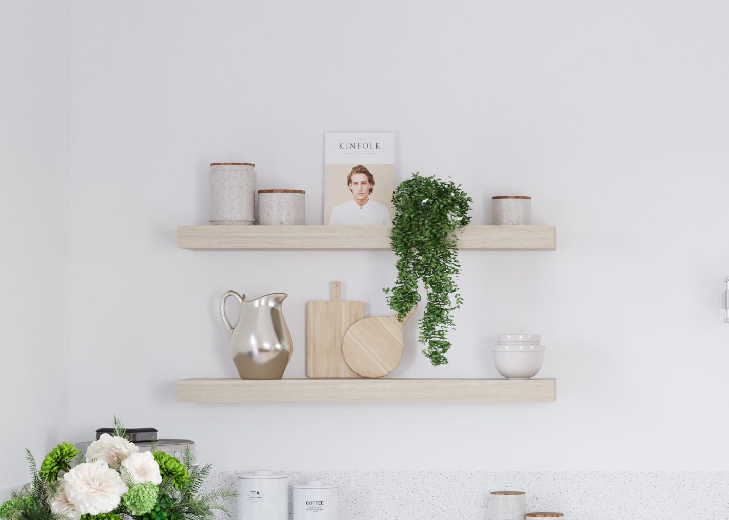 Open wood shelves mounted on a kitchen wall