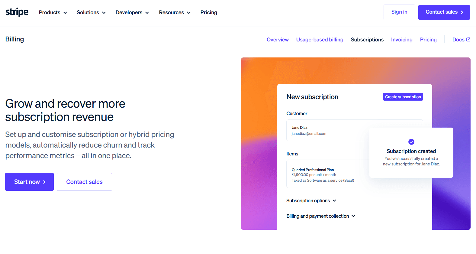 Stripe subscription management home page