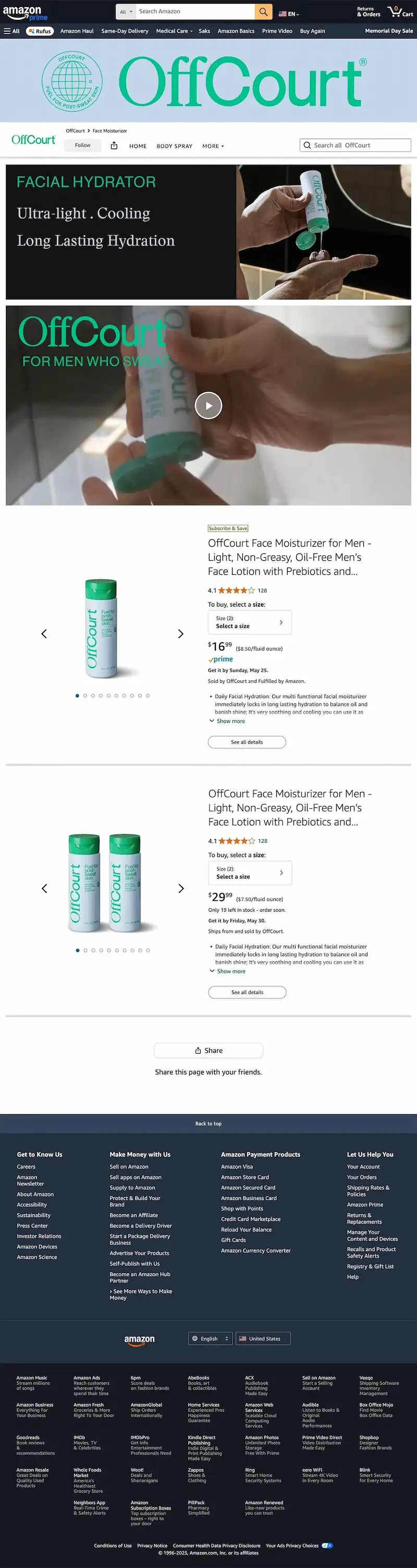 Offcourt Amazon facial hydrator page