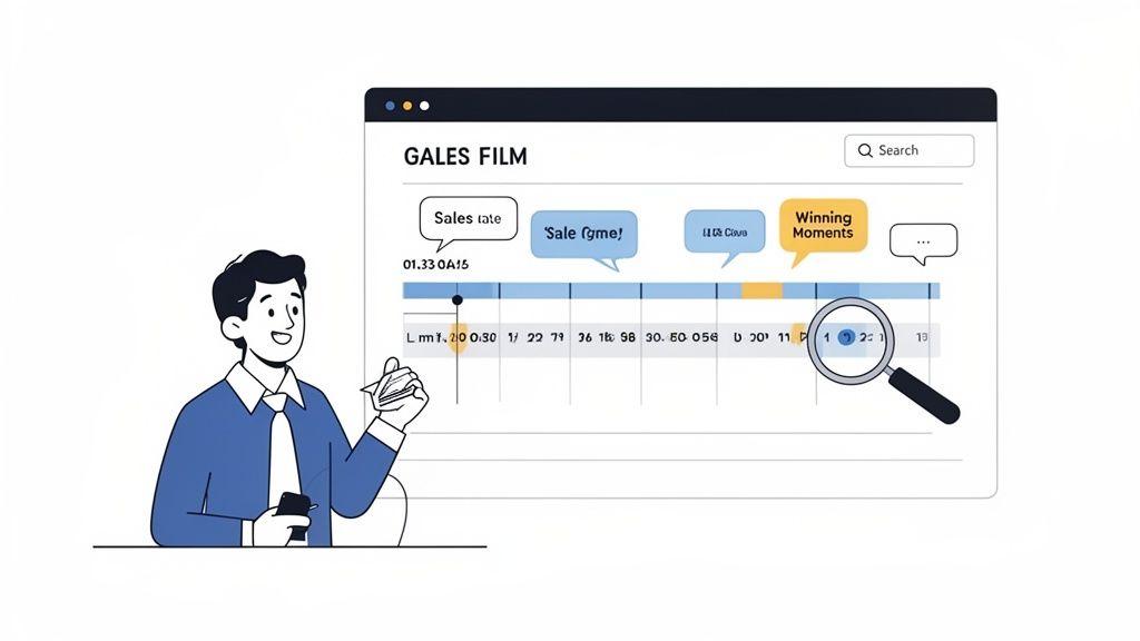 Man analyzes sales call data on a screen, identifying key moments with a magnifying glass.