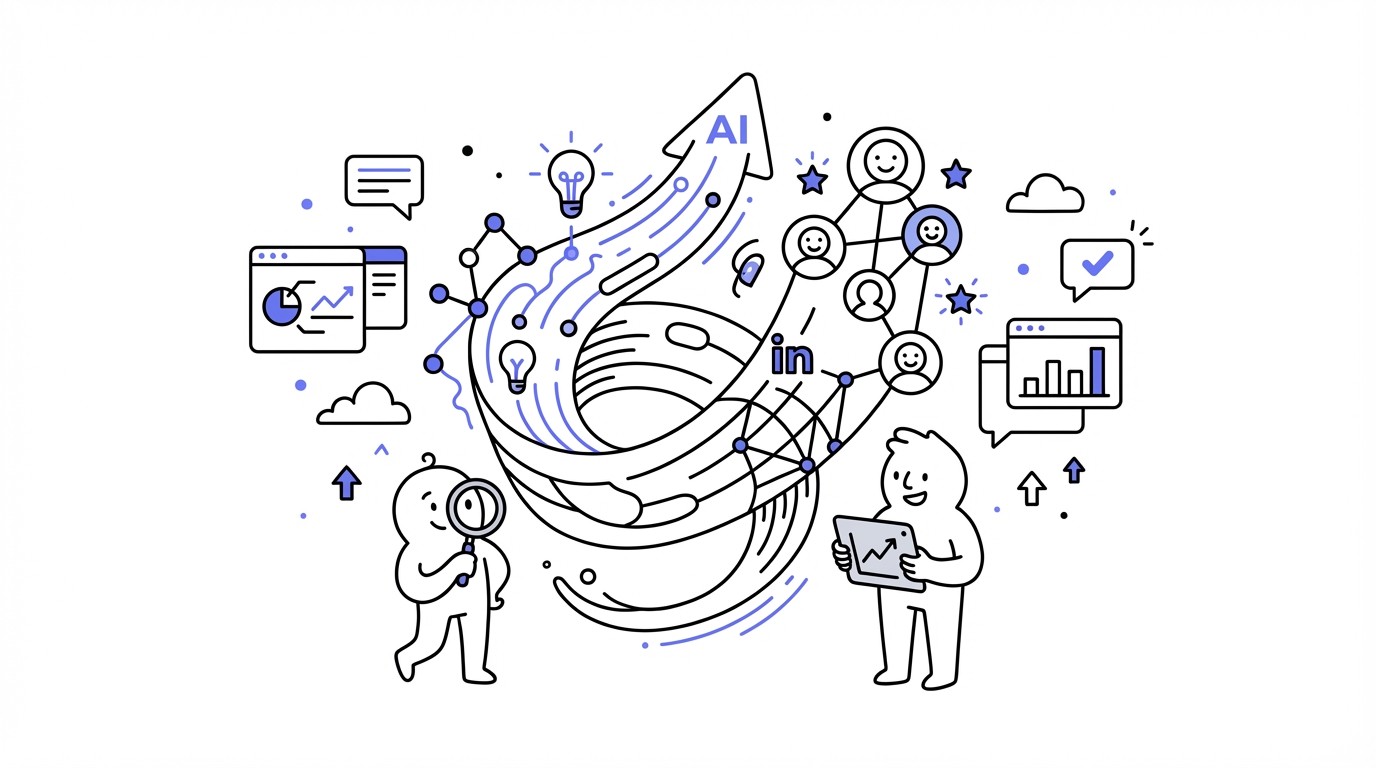 An abstract digital illustration showing glowing blue and purple neural network pathways intertwining with interconnected professional profile icons and network grids in blue and teal, symbolizing the synergy of AI and LinkedIn for professional achievement.