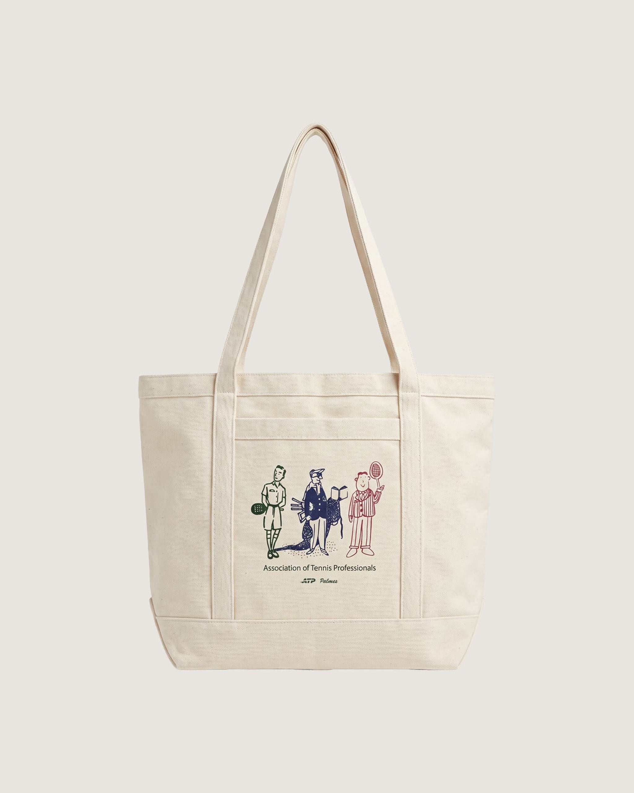 ATP and Palmes canvas tennis tote shown front-on with graphic artwork and an exterior pocket