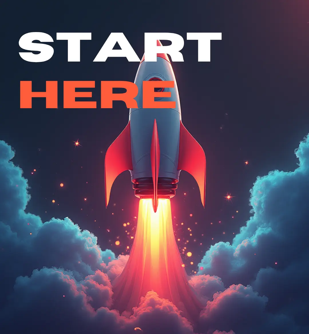 A rocket launches through clouds into a starry night sky with the words "START HERE" boldly displayed above, symbolizing new beginnings and innovation.