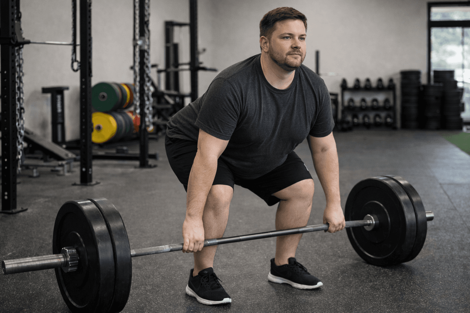 A man in athletic wear performing a barbell deadlift inside a gym.