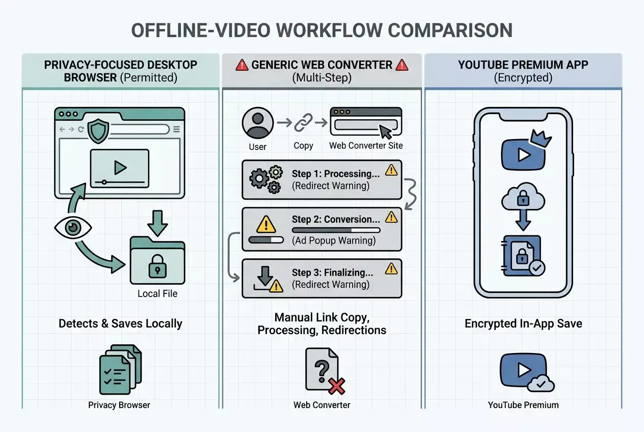Browser downloader, online converter, and YouTube Premium offline workflows compared.