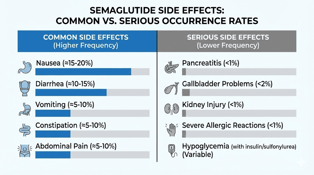 Semaglutide side effects chart showing common and serious adverse reactions