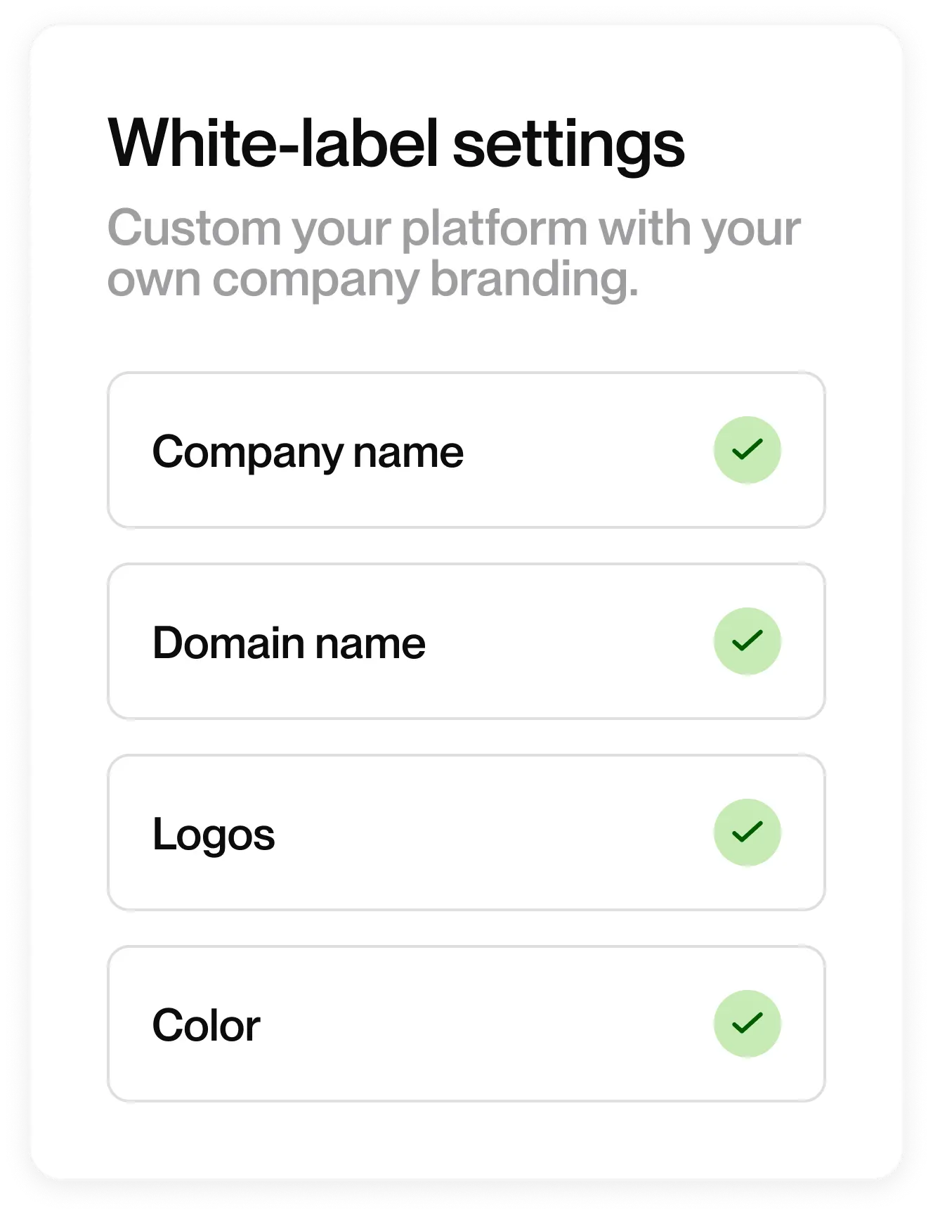 White-label settings panel showing completed setup for company name, domain name, logos, and color customization.