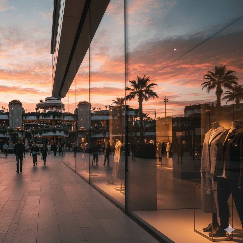 Luxury retail storefront reflection with a sunset backdrop and palm trees on a modern walkway
