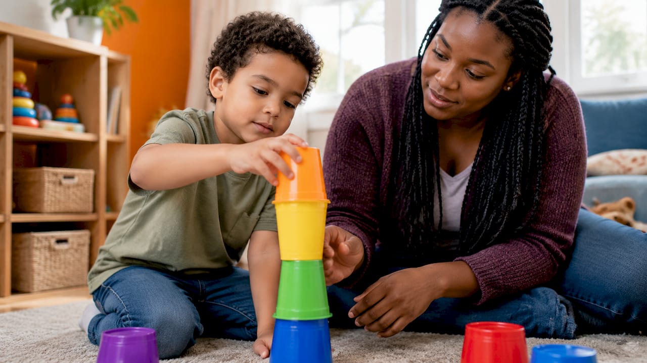 Caregiver and child building a cup tower