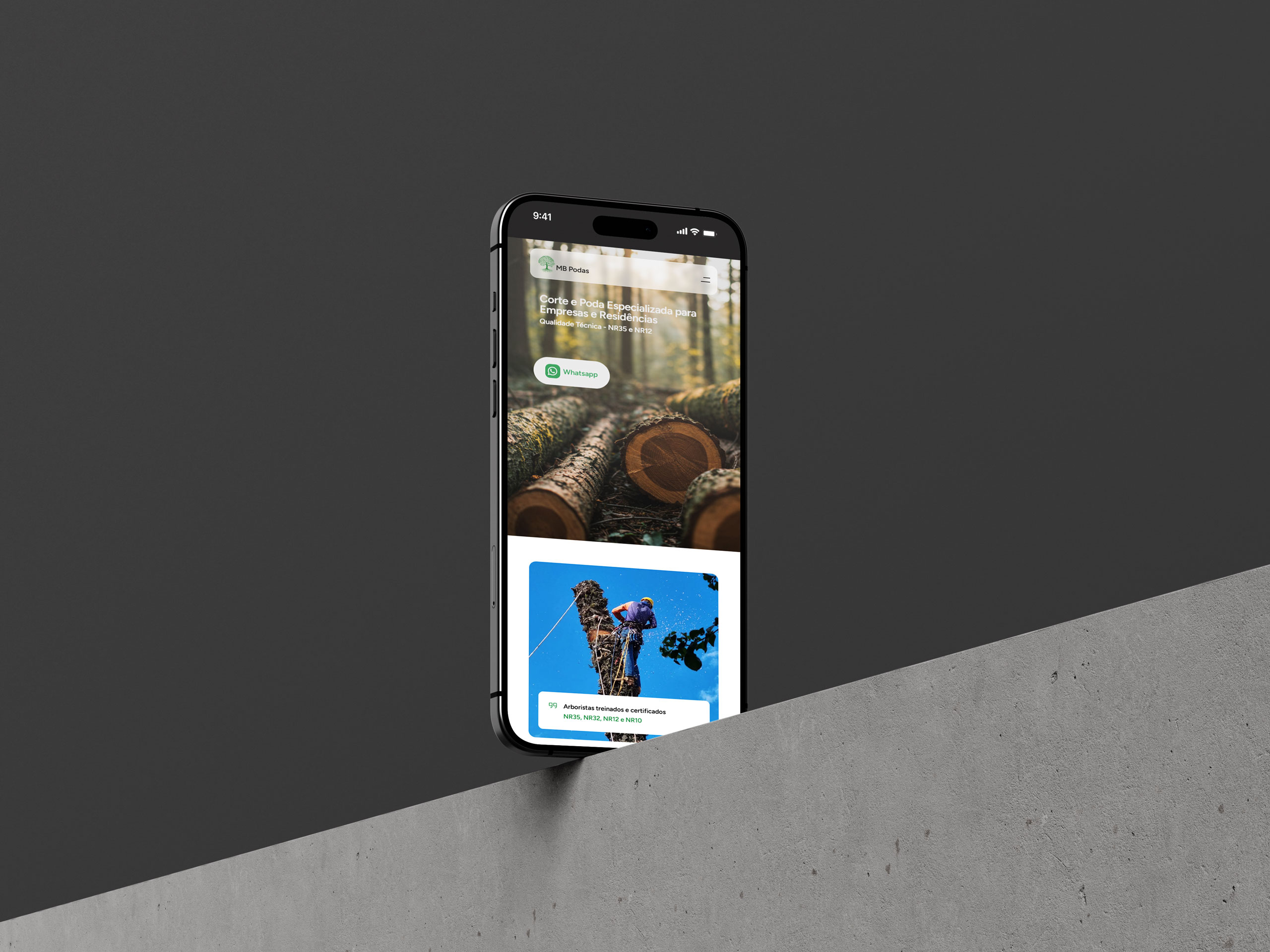 Pagina ínicial site MB Podas em um celular