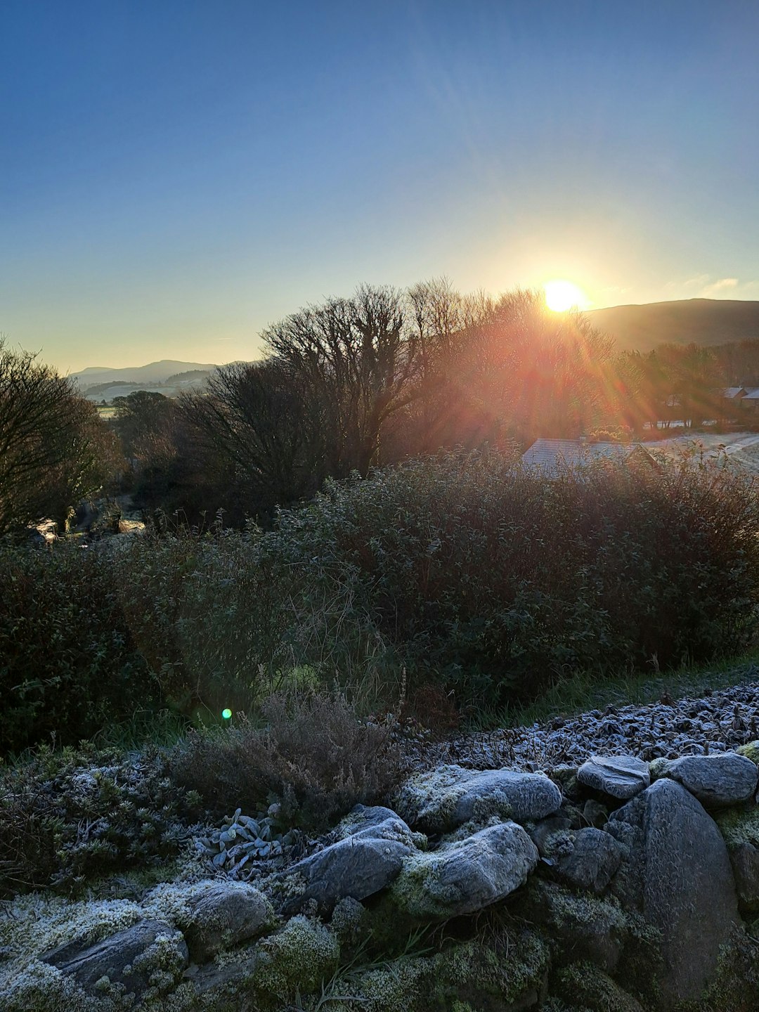 Sunrise over a frosty landscape with rolling hills.