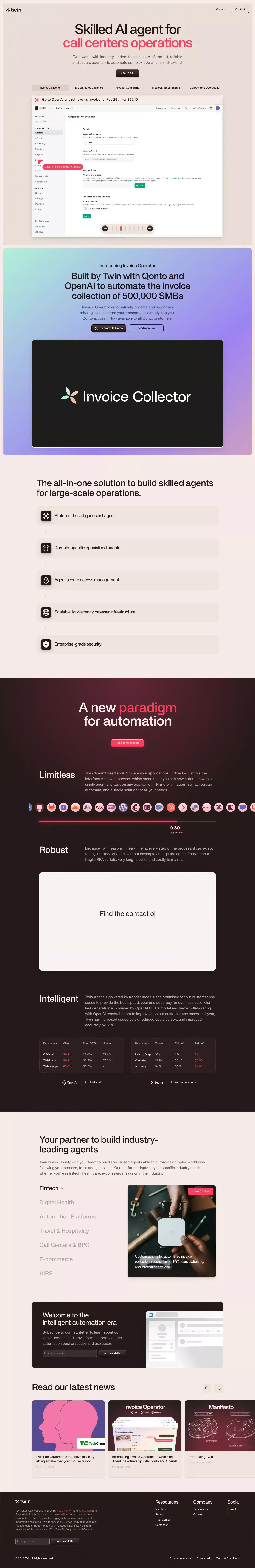 Twin landing page screenshot showcasing AI and Tech design