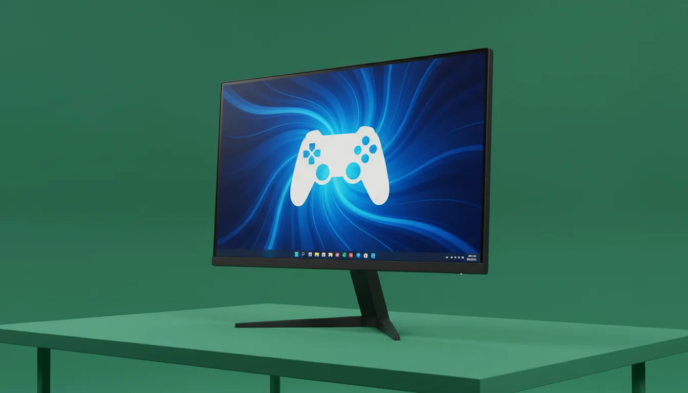 DSLR product photography of a modern, thin-bezel black gaming monitor on its stand, angled slightly to the right on a vibrant green desk against a matching green studio backdrop. The screen is on, displaying a colorful wallpaper featuring a stylized white video game controller on a dynamic blue background with abstract lines. A modern OS taskbar with placeholder UI elements is visible at the bottom. The scene is evenly lit with soft studio lighting, creating gentle shadows and highlighting the matte texture of the hardware. Sharp focus on the monitor.