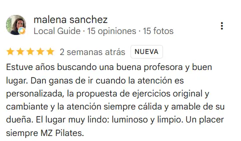 Reseña de 5 estrellas de Malena de MZ Pilates en Google