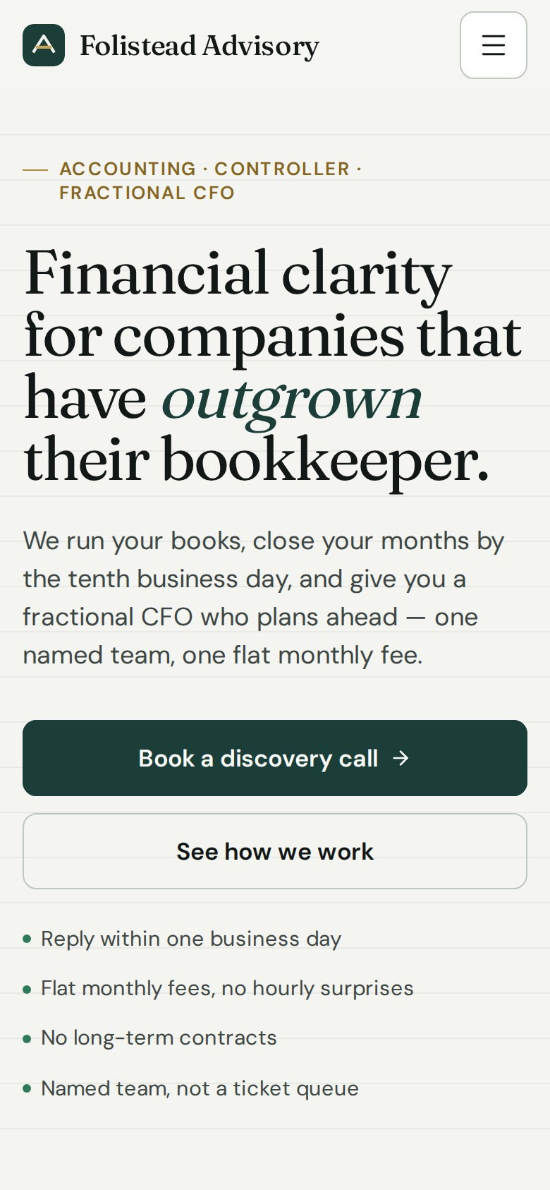 Folistead Framer template homepage on a phone: the fictional sample firm’s hero, call-to-action buttons and trust points