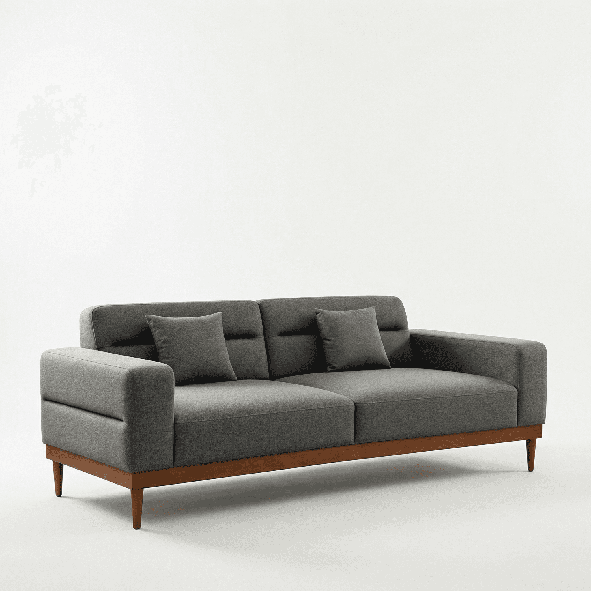 Three‑seater grey upholstered sofa with straight armrests, loose back cushions, and wooden base