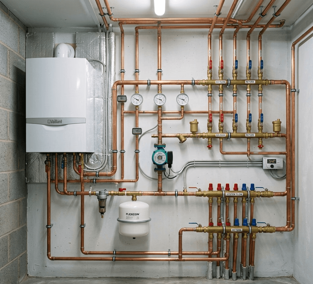 Impianto termico domestico con tubazioni in rame installato professionalmente