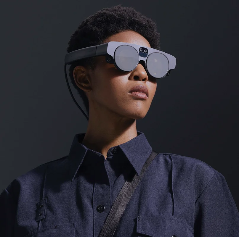 Professional wearing Magic Leap 2 enterprise AR glasses mixed reality headset for industrial spatial computing applications