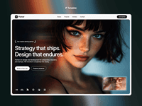 Framer hero section with a close-up of a woman and text: 'Strategy that ships. Design that endures.' Buttons: 'Get Started' and 'Learn More.