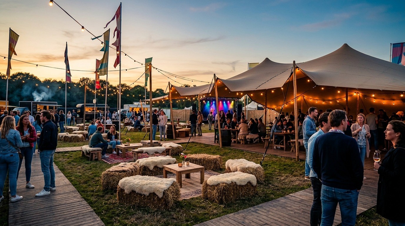 Gasten tijdens bedrijfsfestival met sfeervolle setting en foodconcepten
