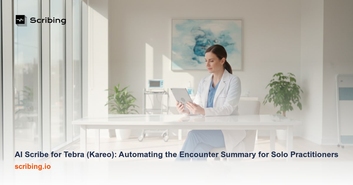 Solo practitioner's desk with laptop displaying automated encounter summary documentation in a medical office setting