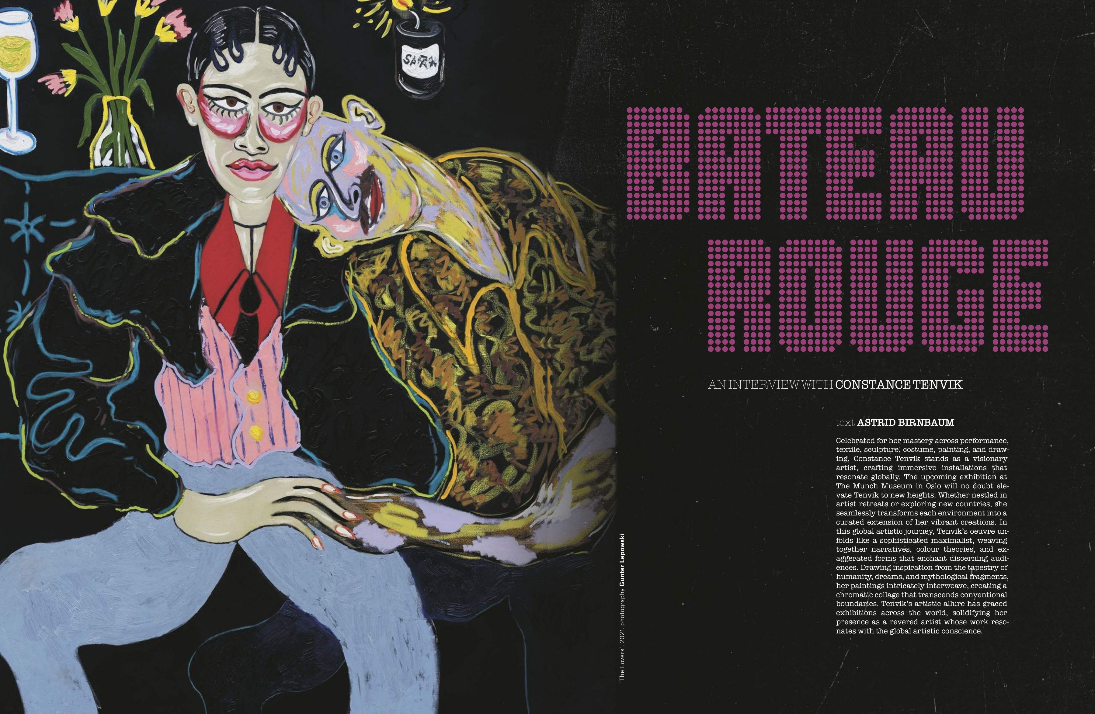 A colourful painting beside a dotted purple headline on a black interview page.