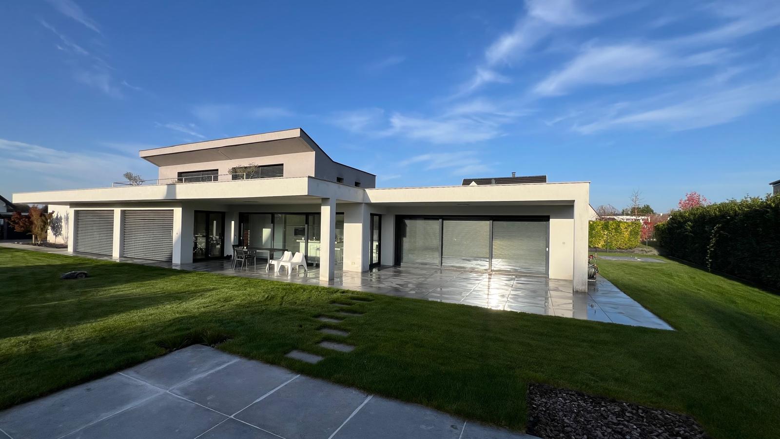 Aménagement paysager haut de gamme à Rosenau avec pelouse et terrasse béton