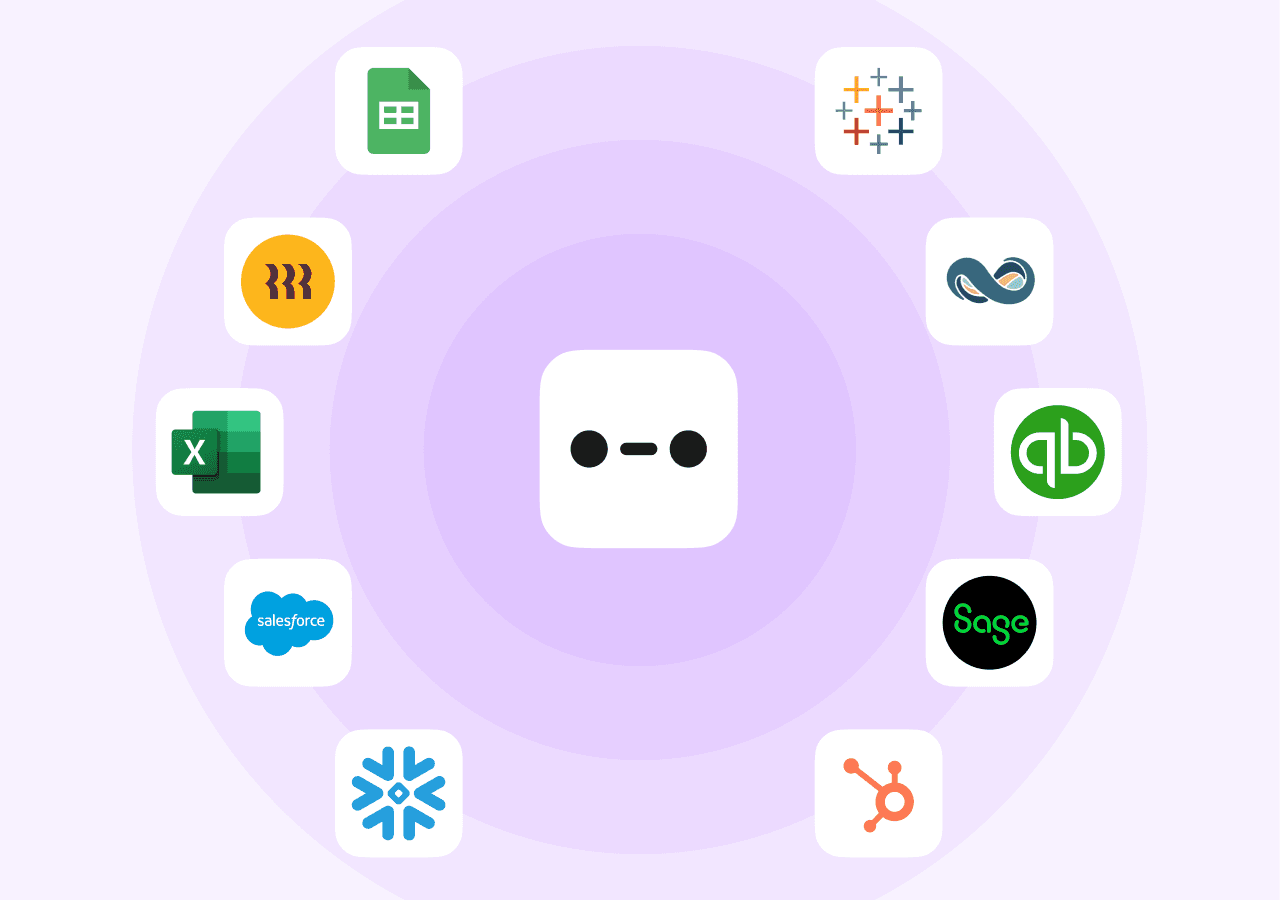 Abacum connected to Salesforce, Excel, Google Sheets, QuickBooks, Sage, HubSpot, Snowflake and Tableau
