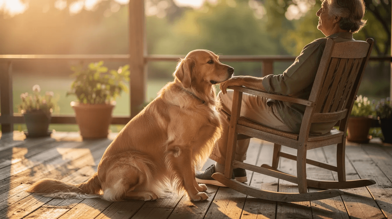 A golden retriever sits peacefully beside an older adult on a sunlit porch, embodying the bond between companion animals and their owners. This serene moment highlights the importance of planning for pets, ensuring their care in the event of an owner's death through provisions like a pet trust.