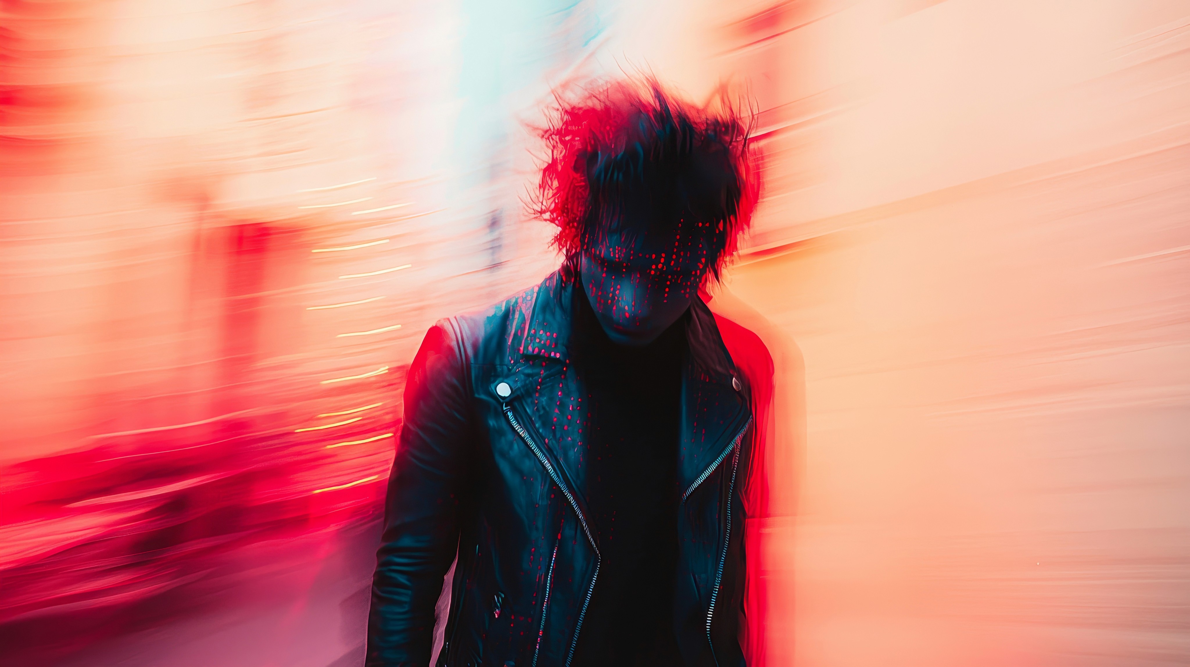 A conceptual photo of a man with red hair wearing a black leather jacket, surrounded by red and white light trails and motion blur, representing speed and frictionless onboarding in product design.