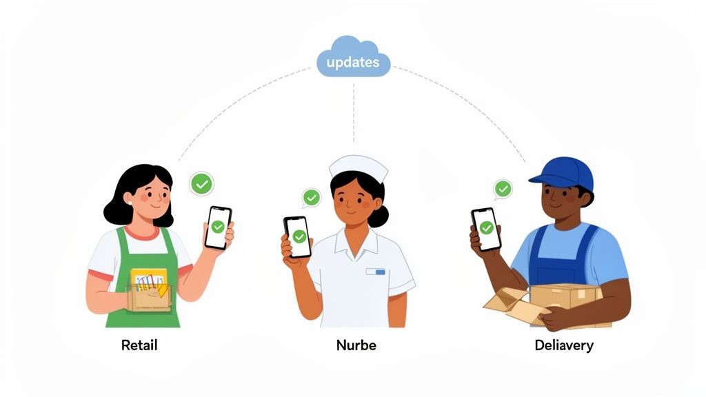 Three diverse professionals, a retail worker, nurse, and delivery person, receive mobile updates.