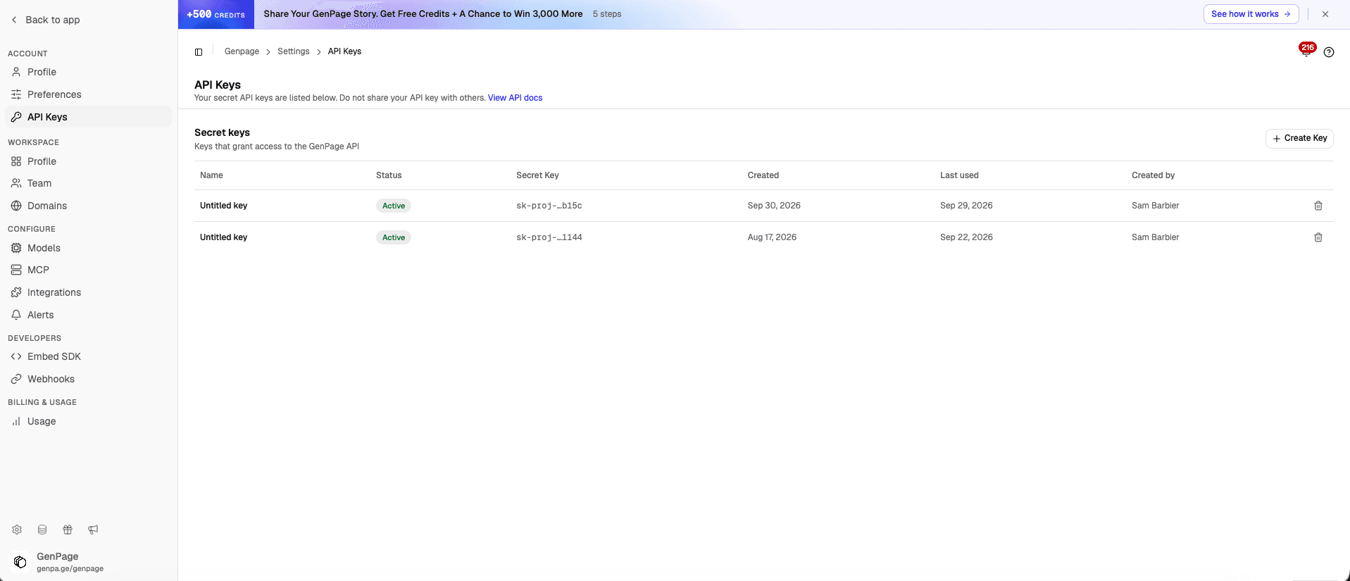 the API Keys page in GenPage settings