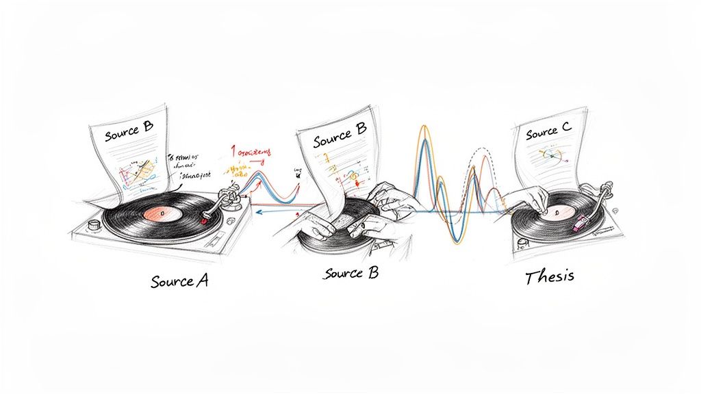 Visual metaphor of academic synthesis with turntables blending sources into a coherent thesis.