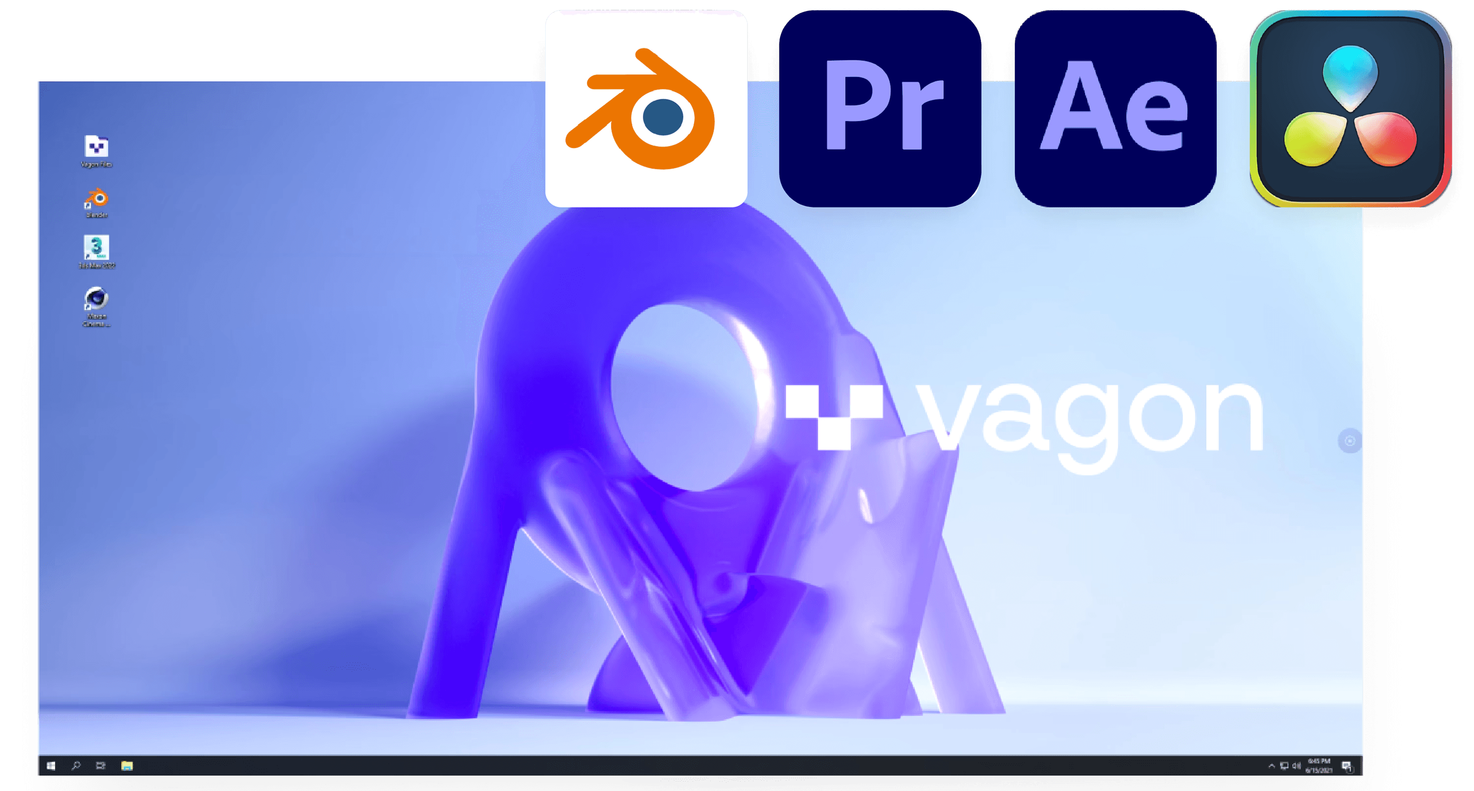 Vagon Cloud Computer desktop showing icons for Blender, Premiere Pro, After Effects, and DaVinci Resolve, representing high-performance creative software running in the cloud.