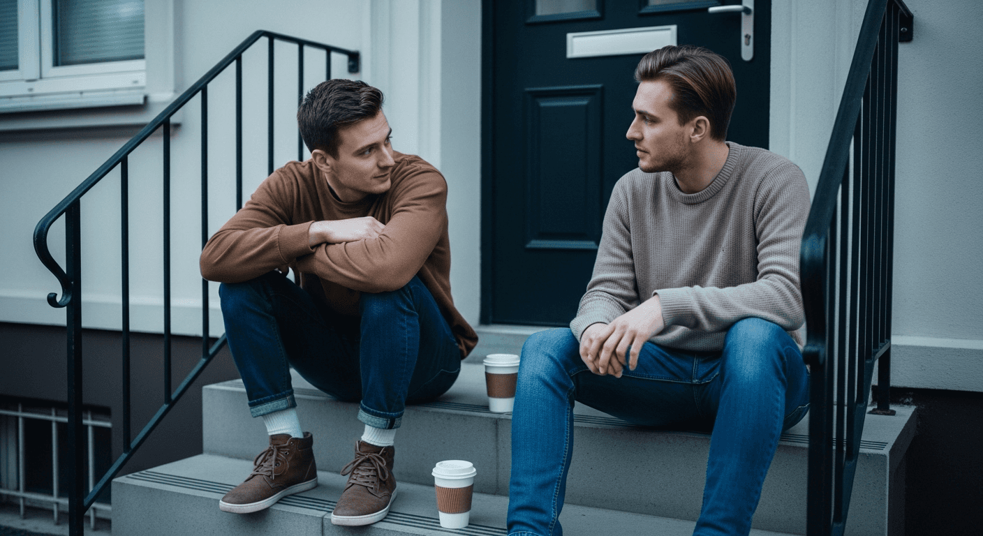 Two friends having a deep conversation on apartment steps over morning coffee