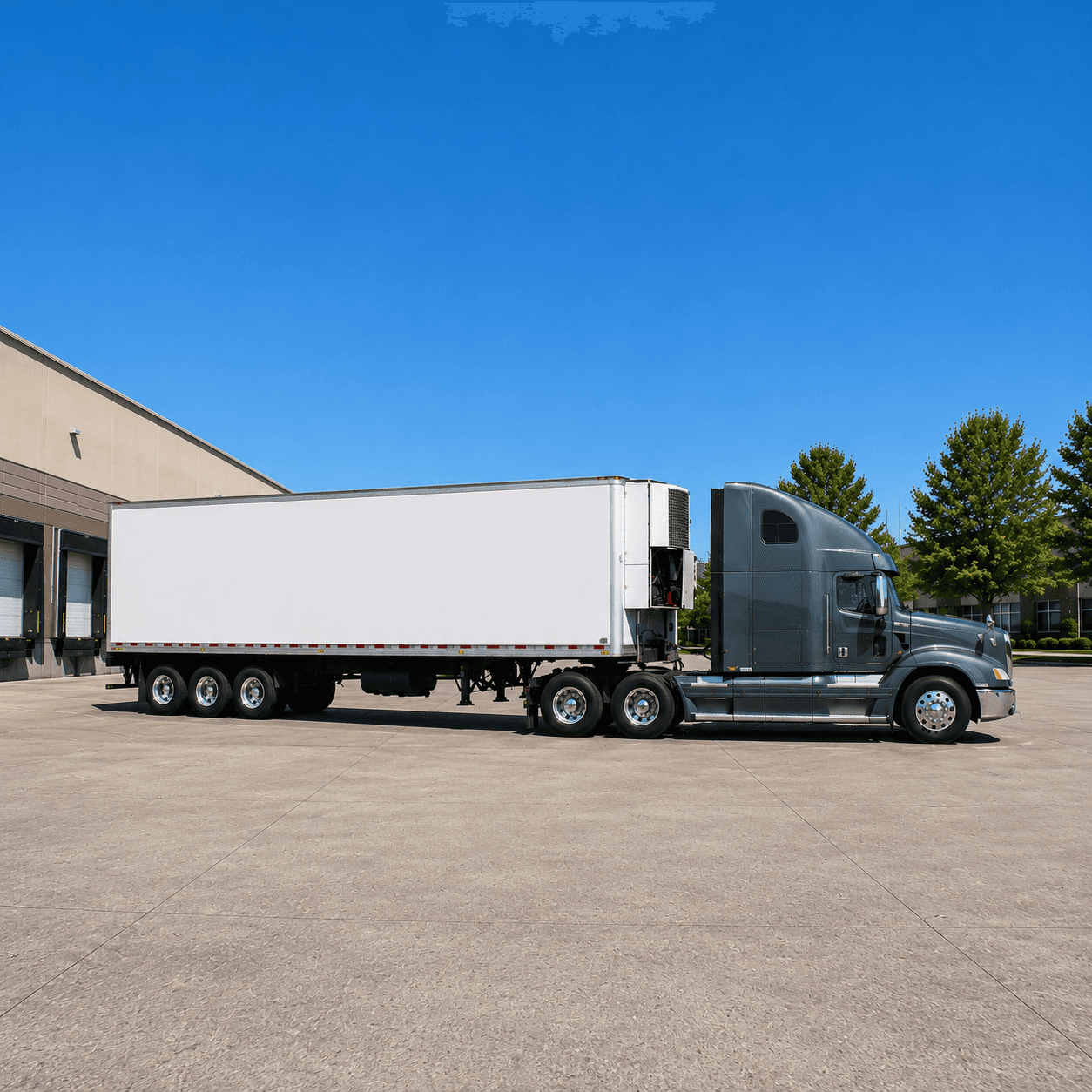 Blue semi truck driving on a highway toward a city skyline, with a forklift loading pallets at a nearby warehouse dock.
