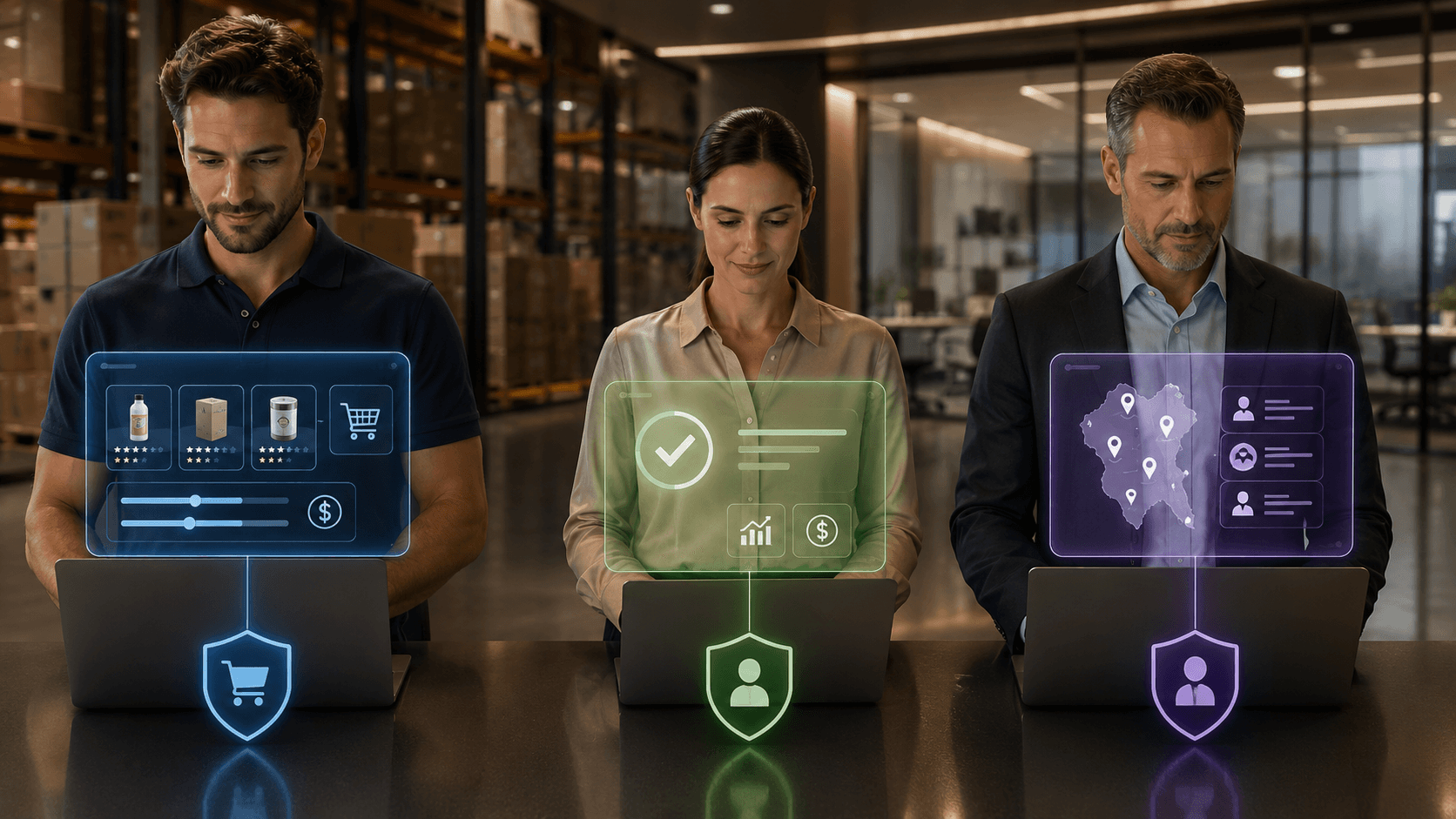 Cena corporativa em estilo realista 3D mostrando três profissionais lado a lado utilizando notebooks em um ambiente moderno de distribuidora. Cada pessoa representa um perfil de acesso diferente em um portal B2B. À esquerda, um comprador visualiza produtos, preços e carrinho de compras em uma interface holográfica. No centro, um aprovador acompanha solicitações com indicadores de aprovação, orçamento e validação. À direita, um representante comercial gerencia clientes, territórios e contas por meio de um painel de relacionamento. Elementos visuais de segurança e permissões aparecem integrados às interfaces, sugerindo controle de acesso e proteção de informações estratégicas. Ao fundo, há um ambiente corporativo integrado a um centro de distribuição com prateleiras e caixas desfocadas. A composição transmite organização, controle e segmentação de funções dentro da operação B2B.