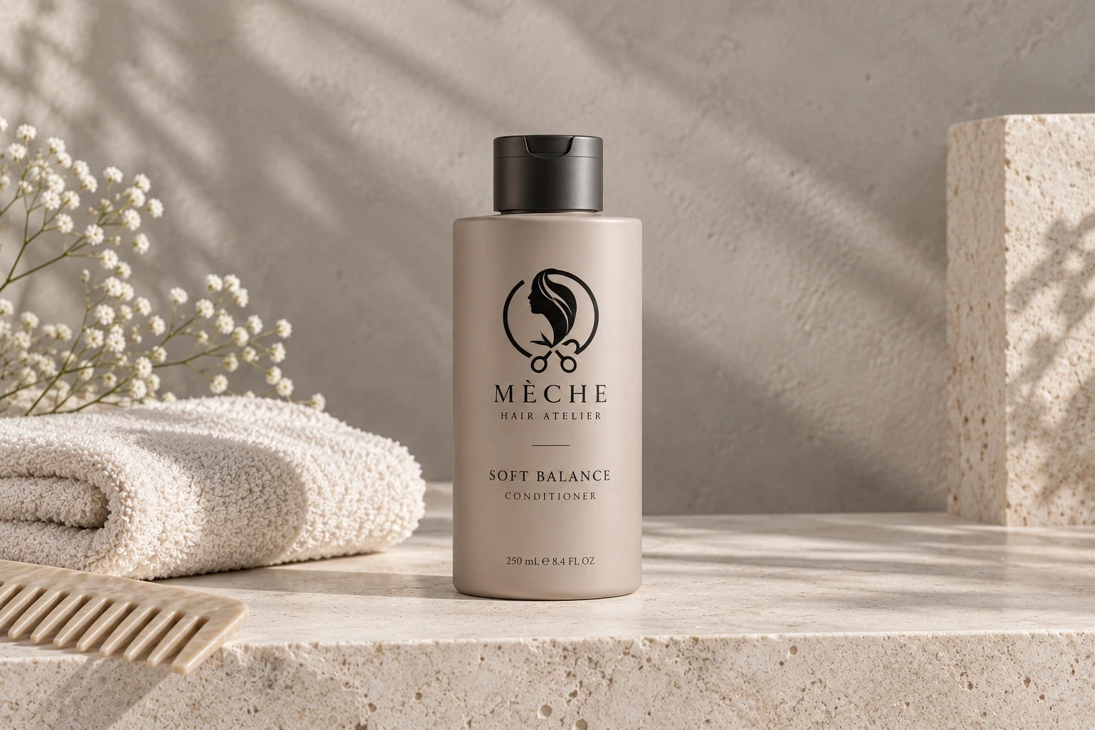 Soft Balance conditioner beside a comb and towel