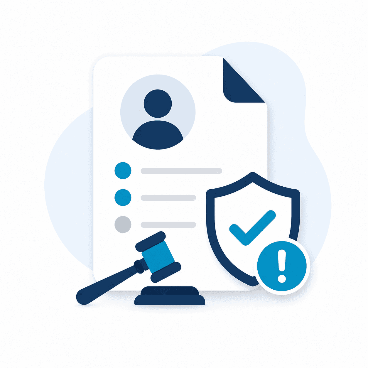 Minimalist icon of a legal document, gavel, and shield representing character and criminal record concerns for a Prospective Marriage Visa