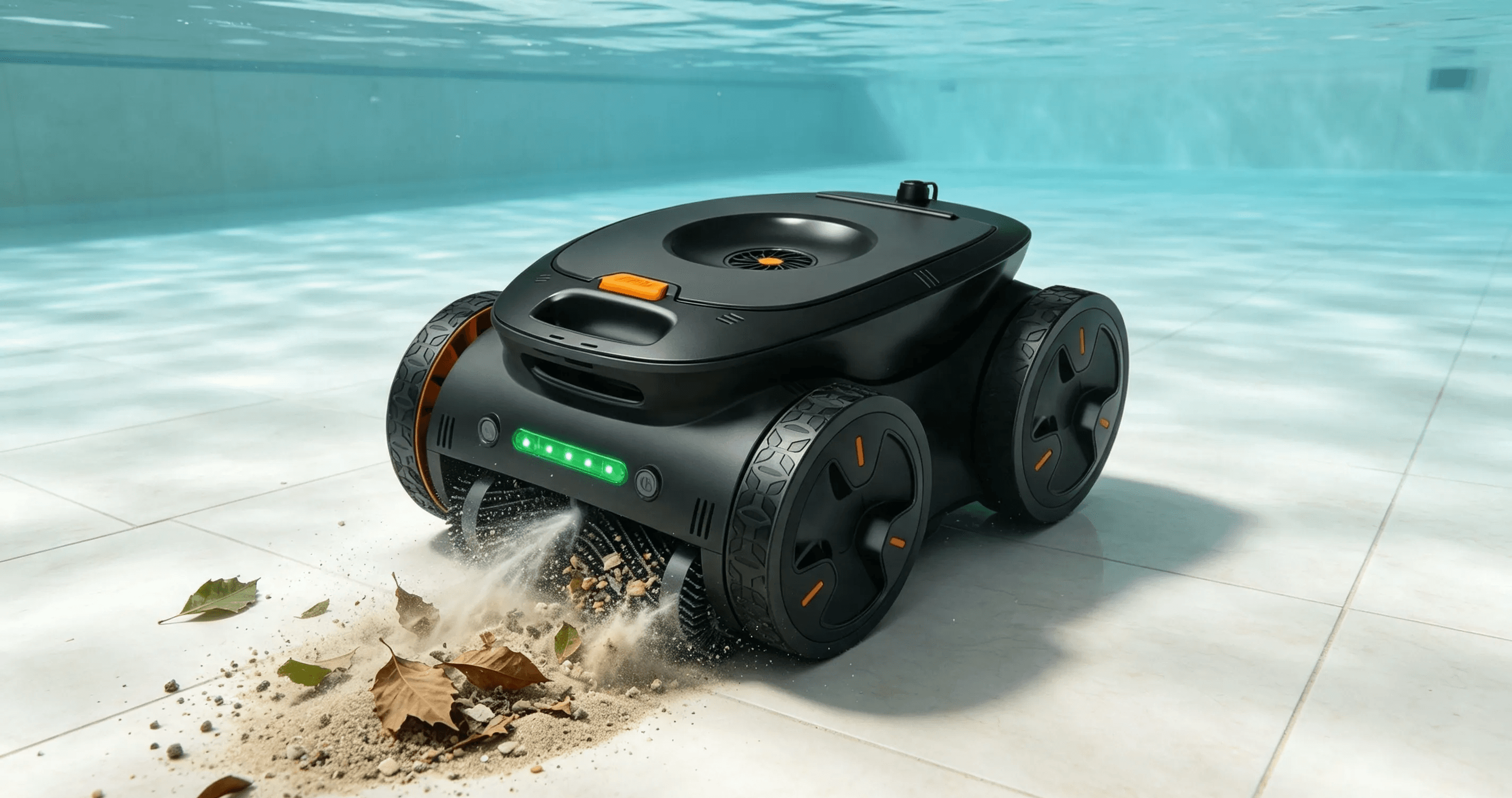 Robotic pool cleaner removing leaves sand and fine debris from a pool