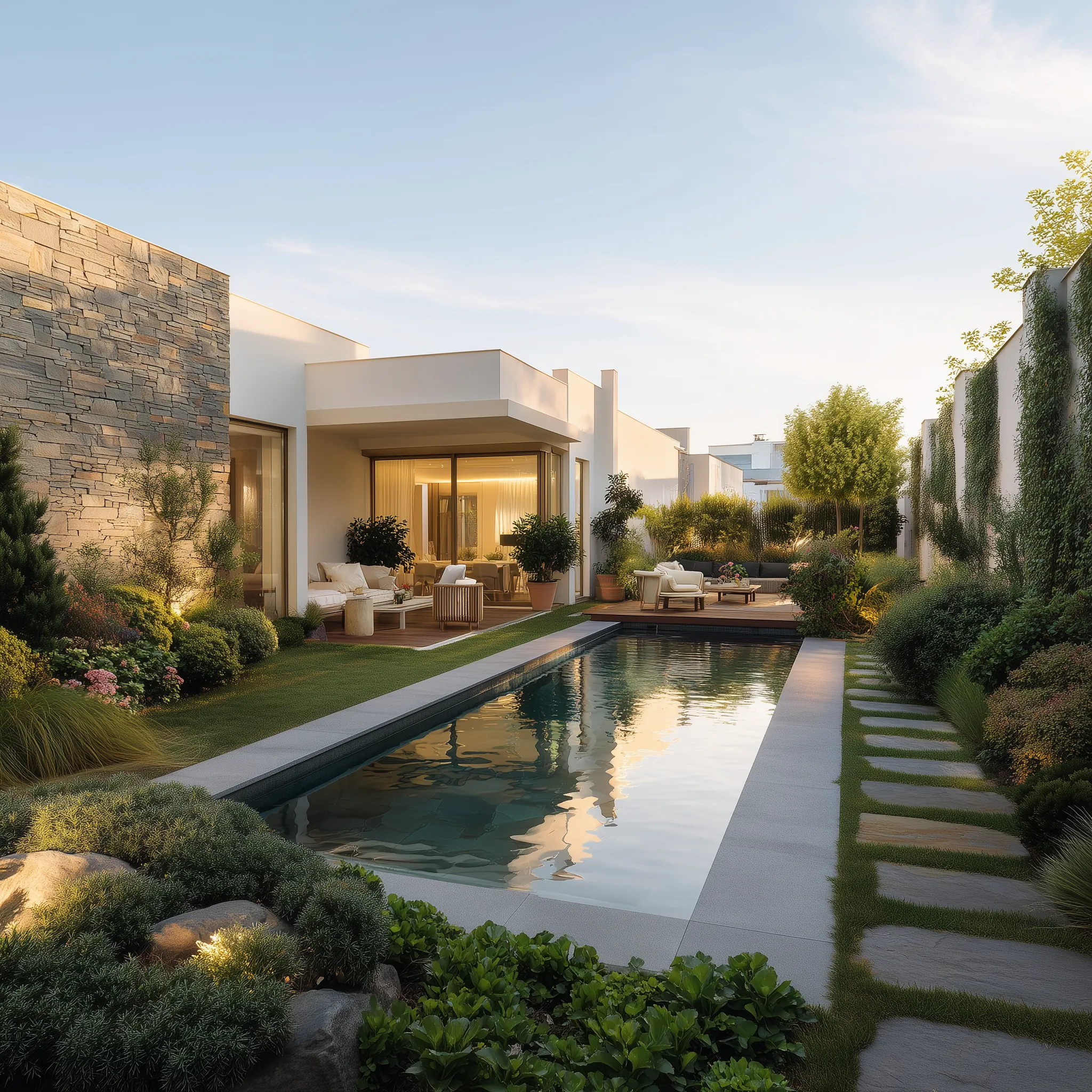 A contemporary home with a landscaped pool garden