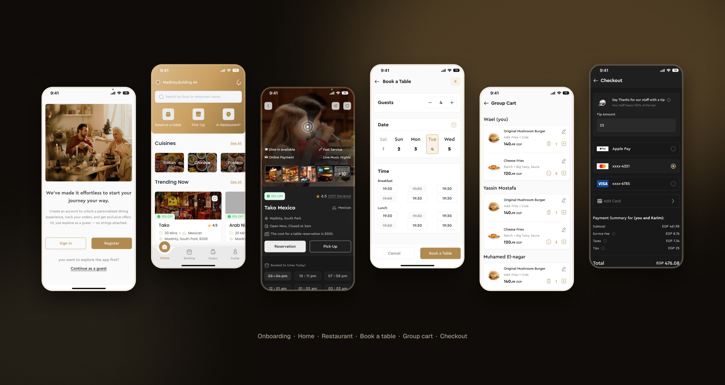 Eats & Beats cover: six app screens in light and dark mode, from onboarding and Home to the restaurant page, booking, group cart and checkout.