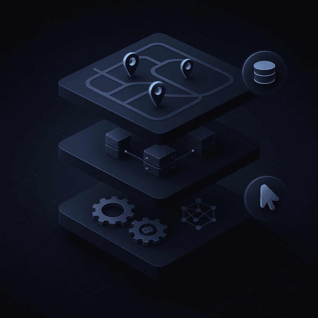 Layered diagram linking mapping, data sync, and automation layers to data, UX, and governance criteria