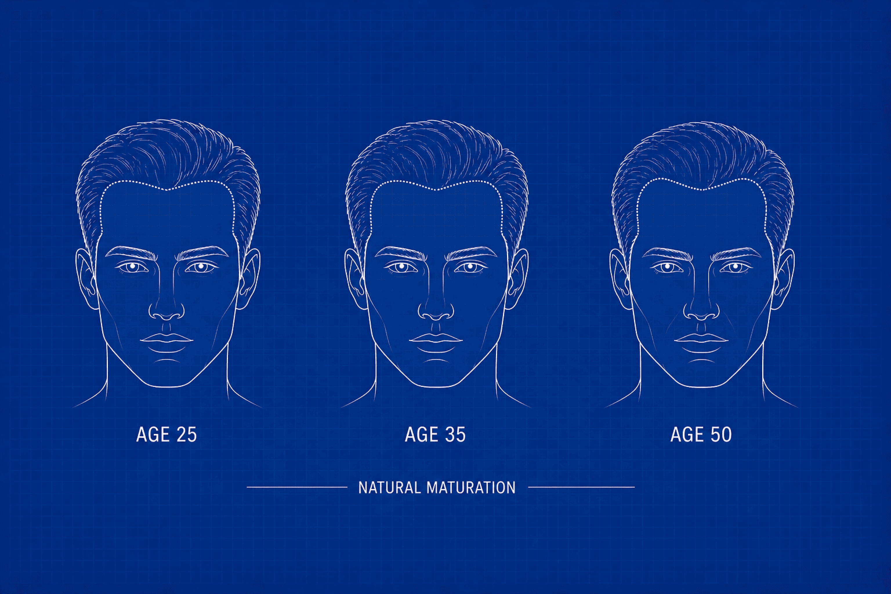 Blueprint-style comparison of three male hairline designs at ages 25, 35, and 50, showing how a natural hair transplant hairline should mature with age.
