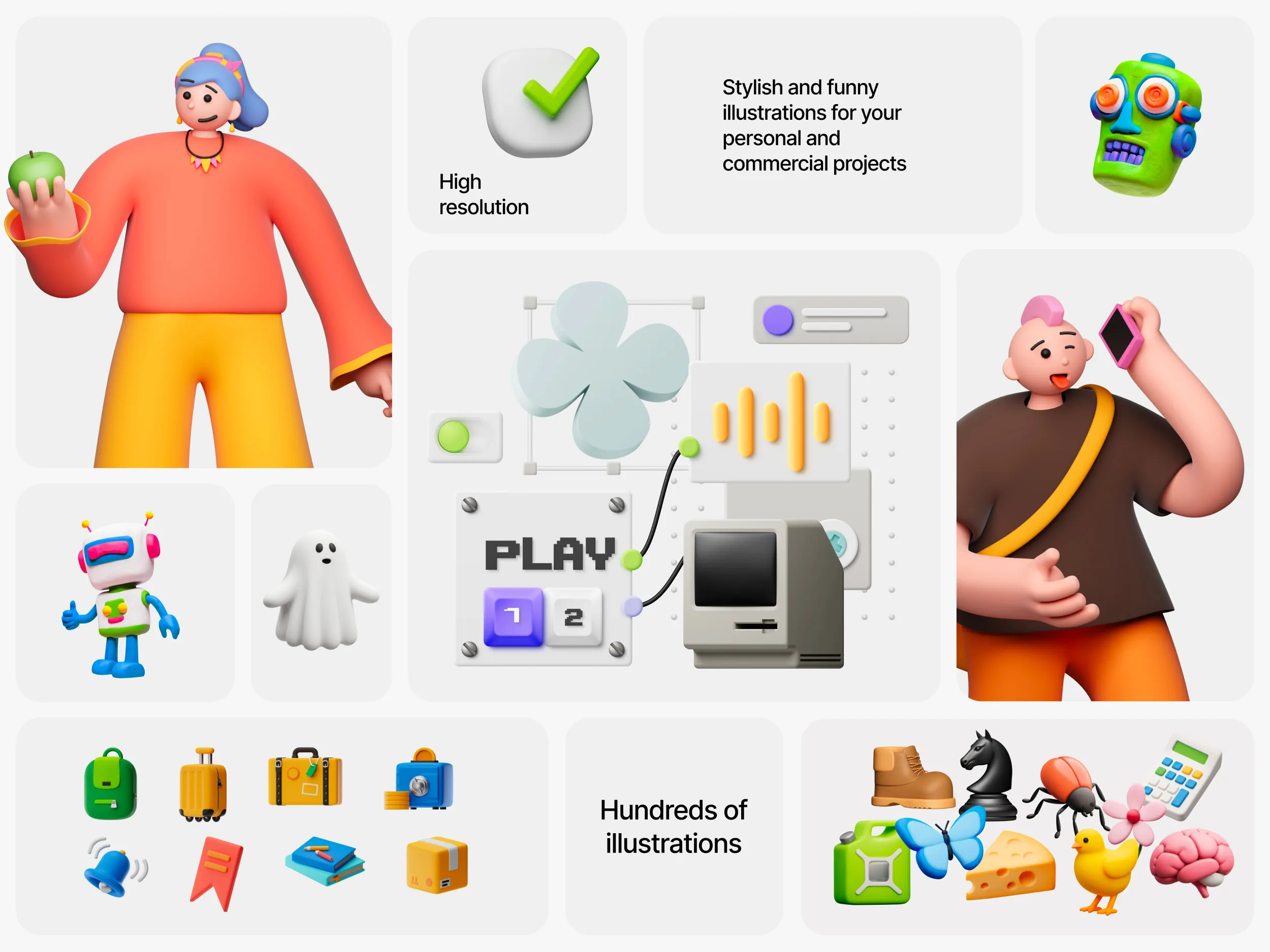 Colorful 3D illustrations including characters, icons, and objects, ideal for UI, UX, and graphic design projects. Features high-resolution graphics with a playful and stylish aesthetic, suitable for both personal and commercial use.