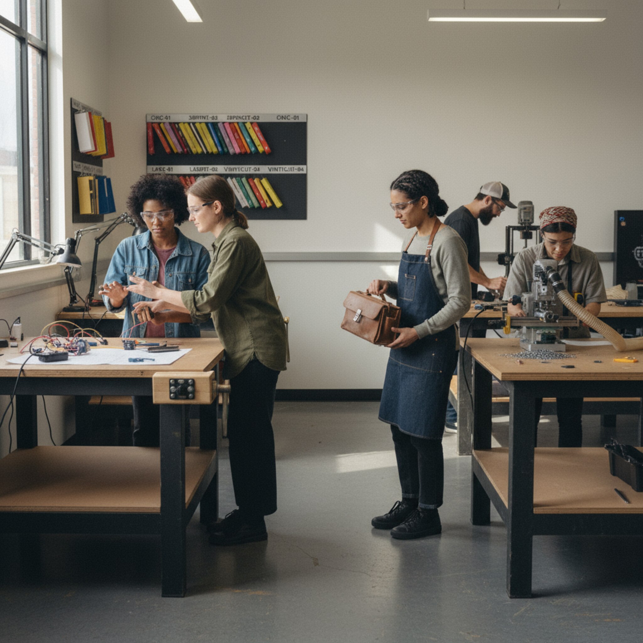 Mehrere Werkbänke sind belegt, zwei Personen stimmen leise ihre Arbeitsschritte ab. Auf einem seitlichen Board hängen farbige Klemmbretter mit Maschinenkennungen. Weiches Nachmittagslicht macht die Ordnung im Raum sichtbar. Die Atmosphäre ist produktiv, fair verteilt und ruhig. Ein frei gewordener Platz wird ohne Hektik neu belegt.