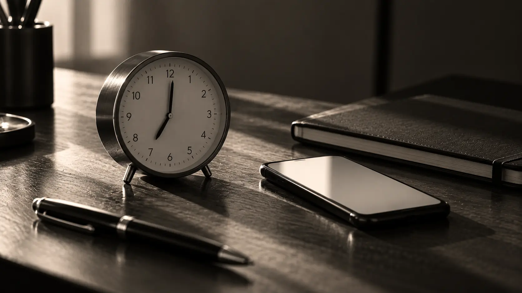 A desk clock at seven in the morning beside a phone and a closed notebook