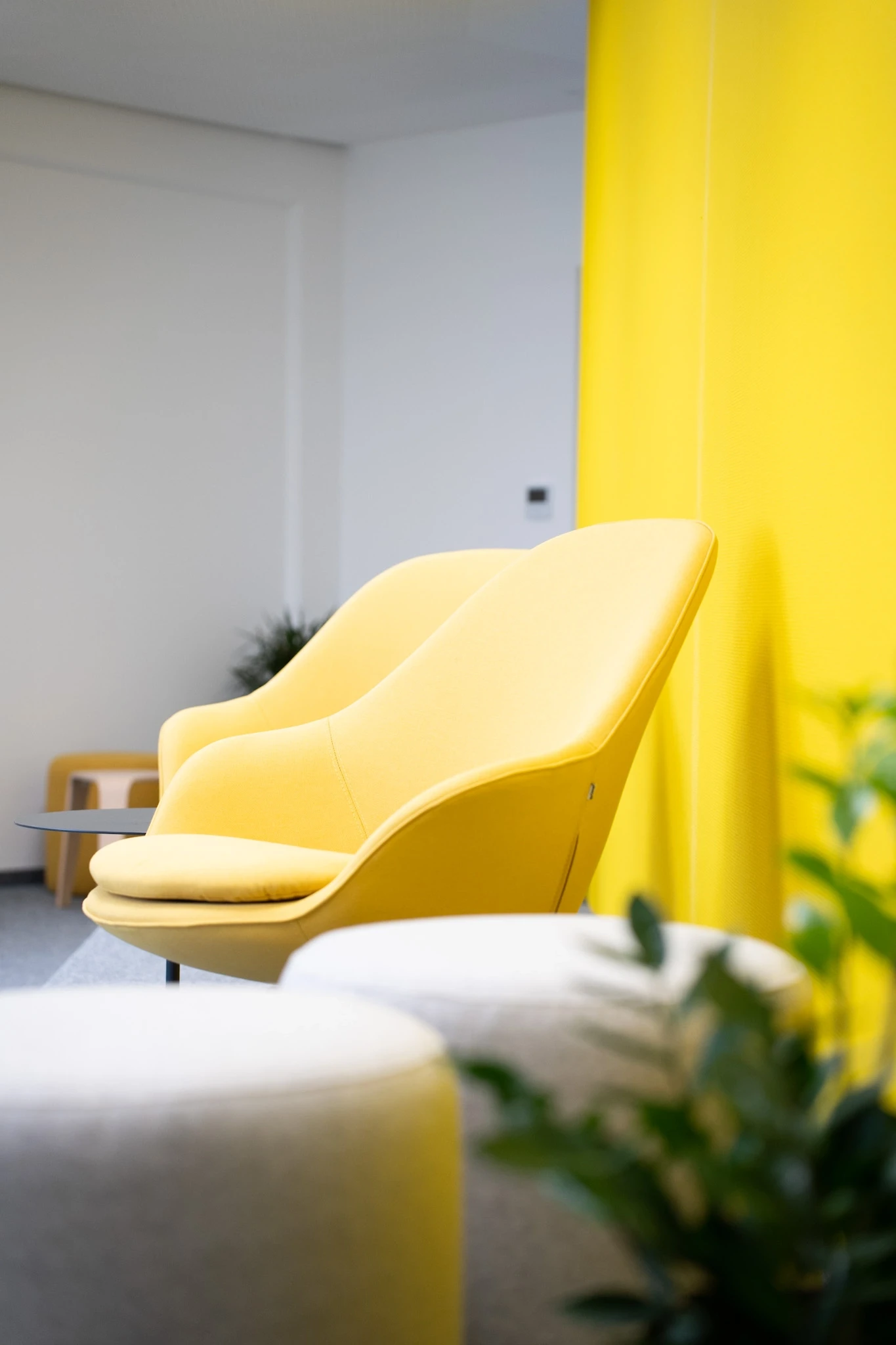 Bright yellow upholstered lounge chair with matching seat cushion at NFON in front of a yellow curtain, with a beige pouf and green plants in the foreground.