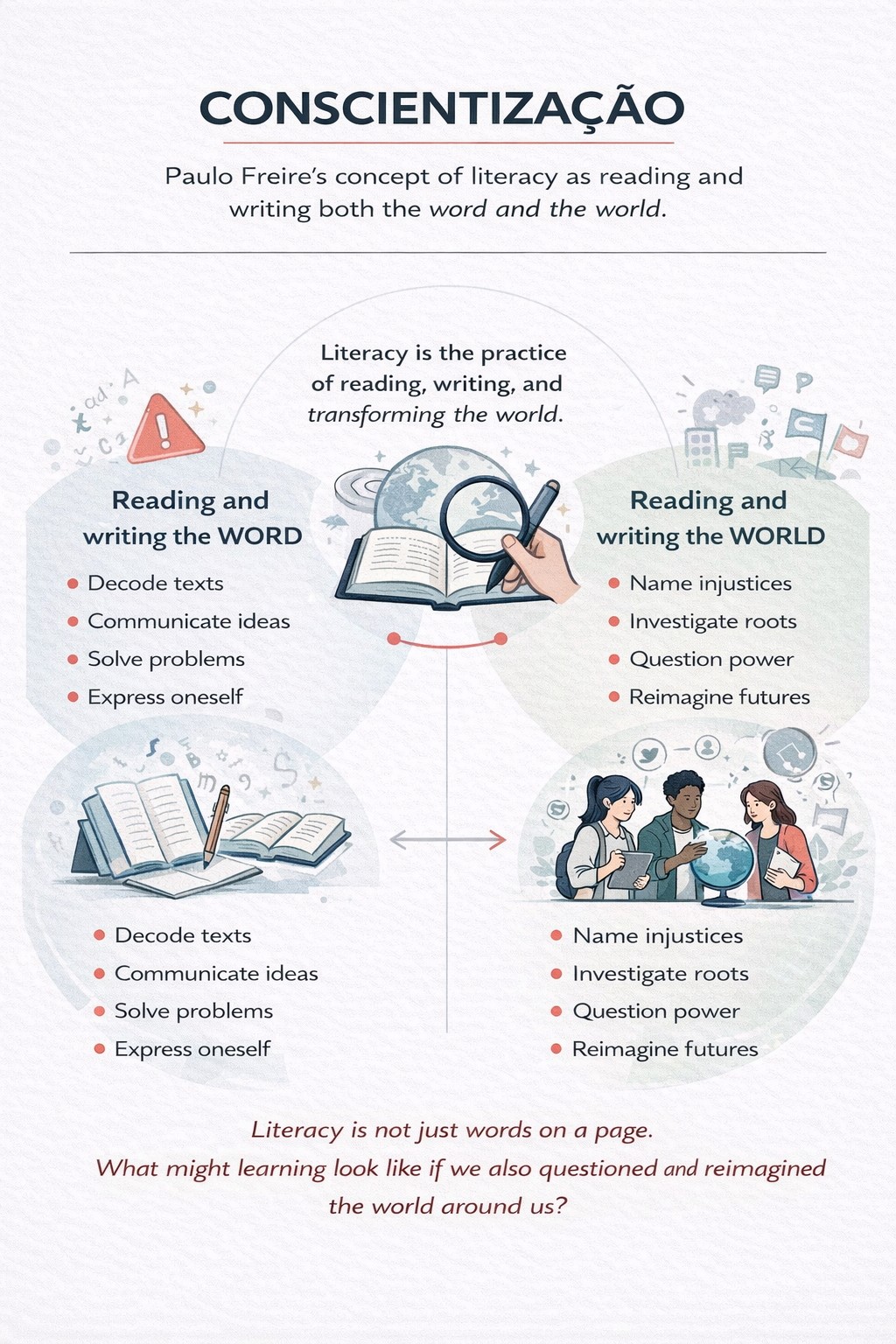 Illustrated infographic explaining Paulo Freire’s concept of conscientização, connecting reading the word with reading and transforming the world.